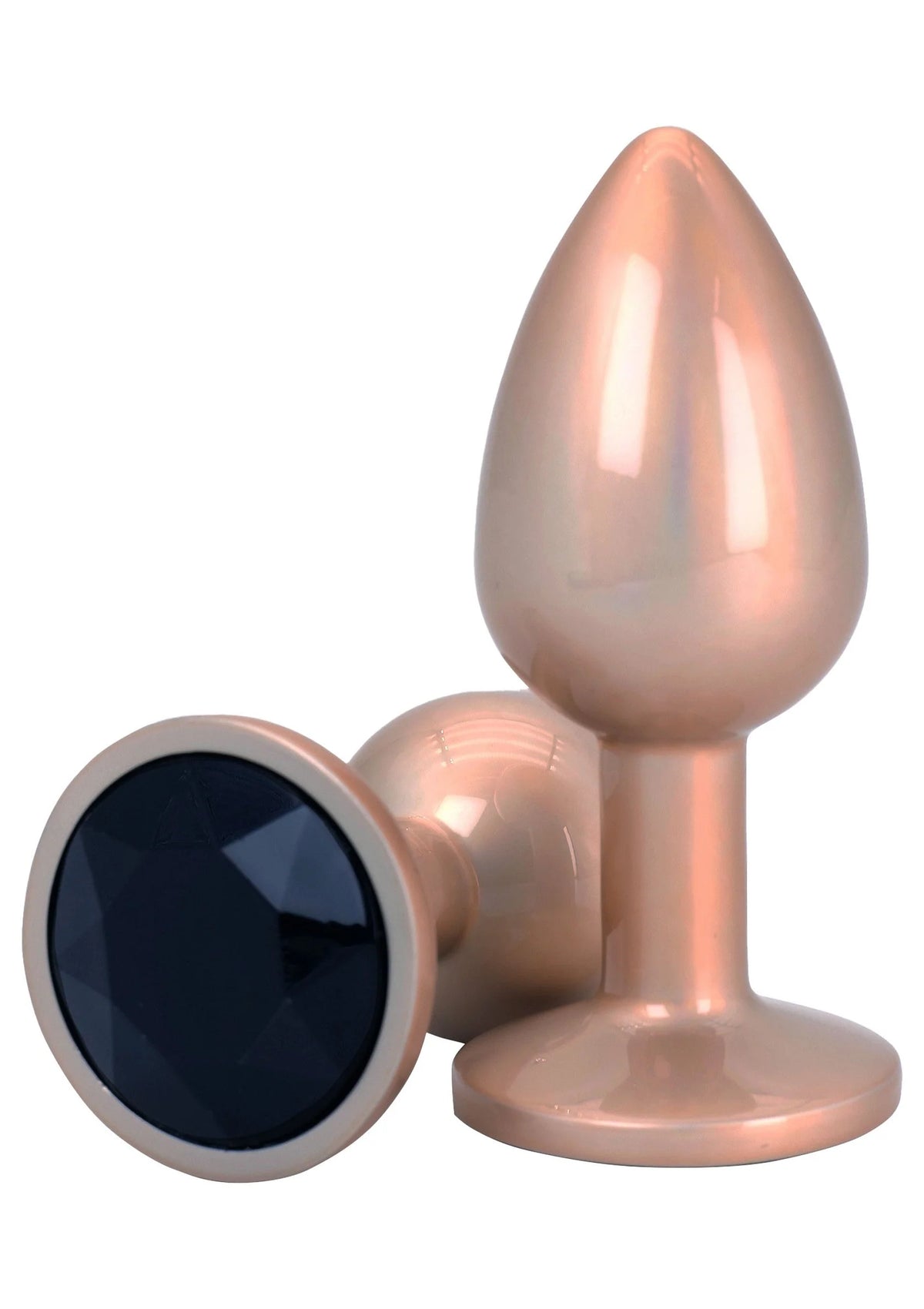 Roze-gouden buttplug met ronde basis en druppelvormige steel met donkere kristalfront