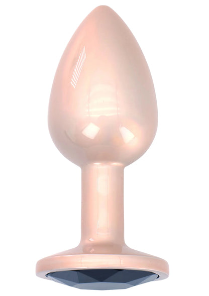 Paarse buttplug met druppelvormige top en platte voet met donkere kristalring