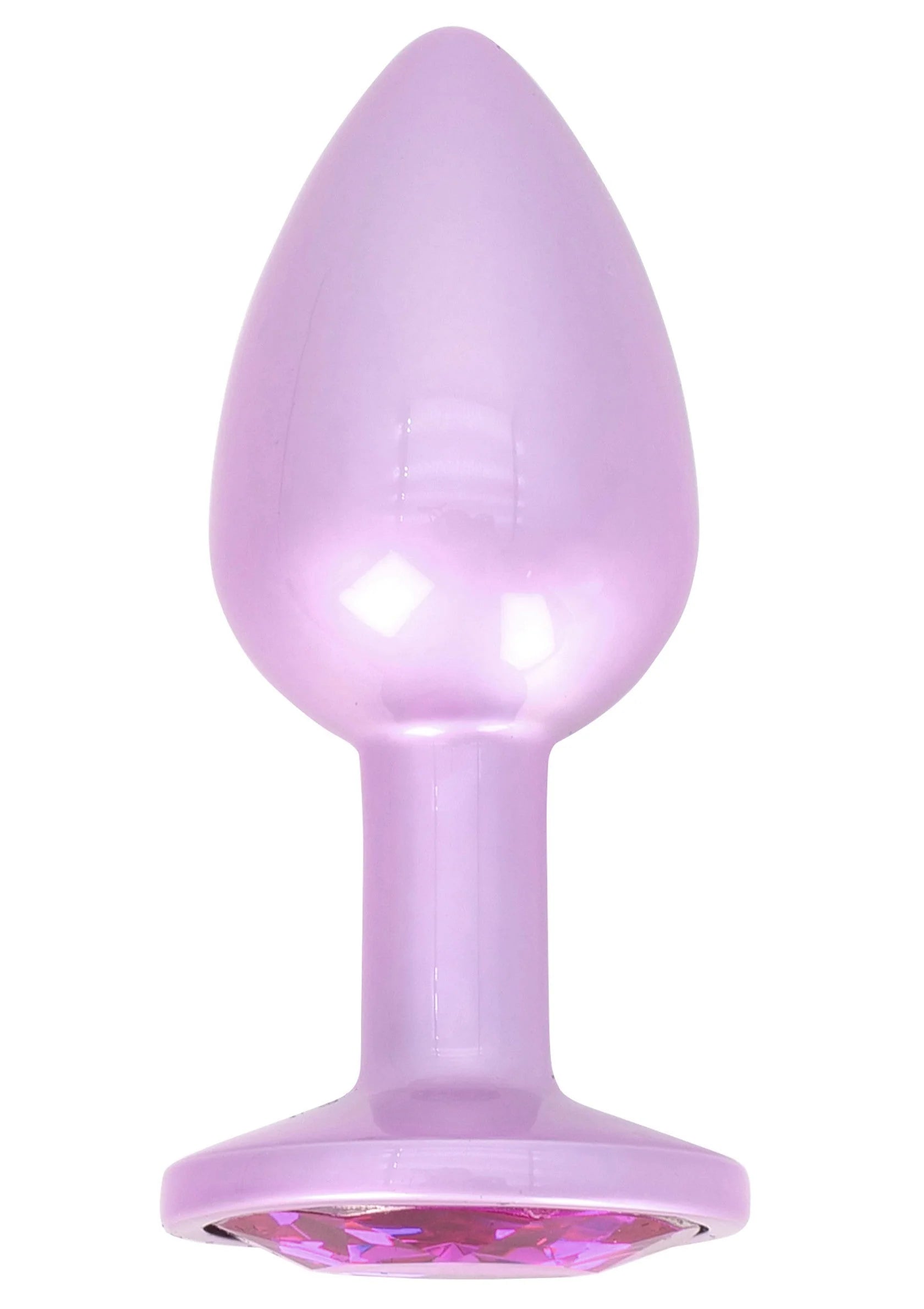 Paarse buttplug met glanzende, ronde voet en brede basis, transparante look