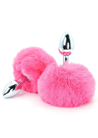 Roze pluizige buttplug met zilveren metalen insert en harige staartlus