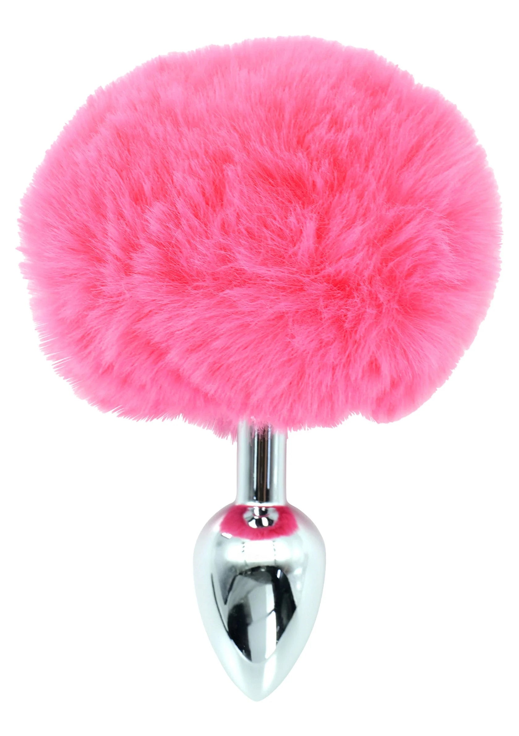 Roze pluizige bunnytail buttplug met zilveren metalen basis en harige bol