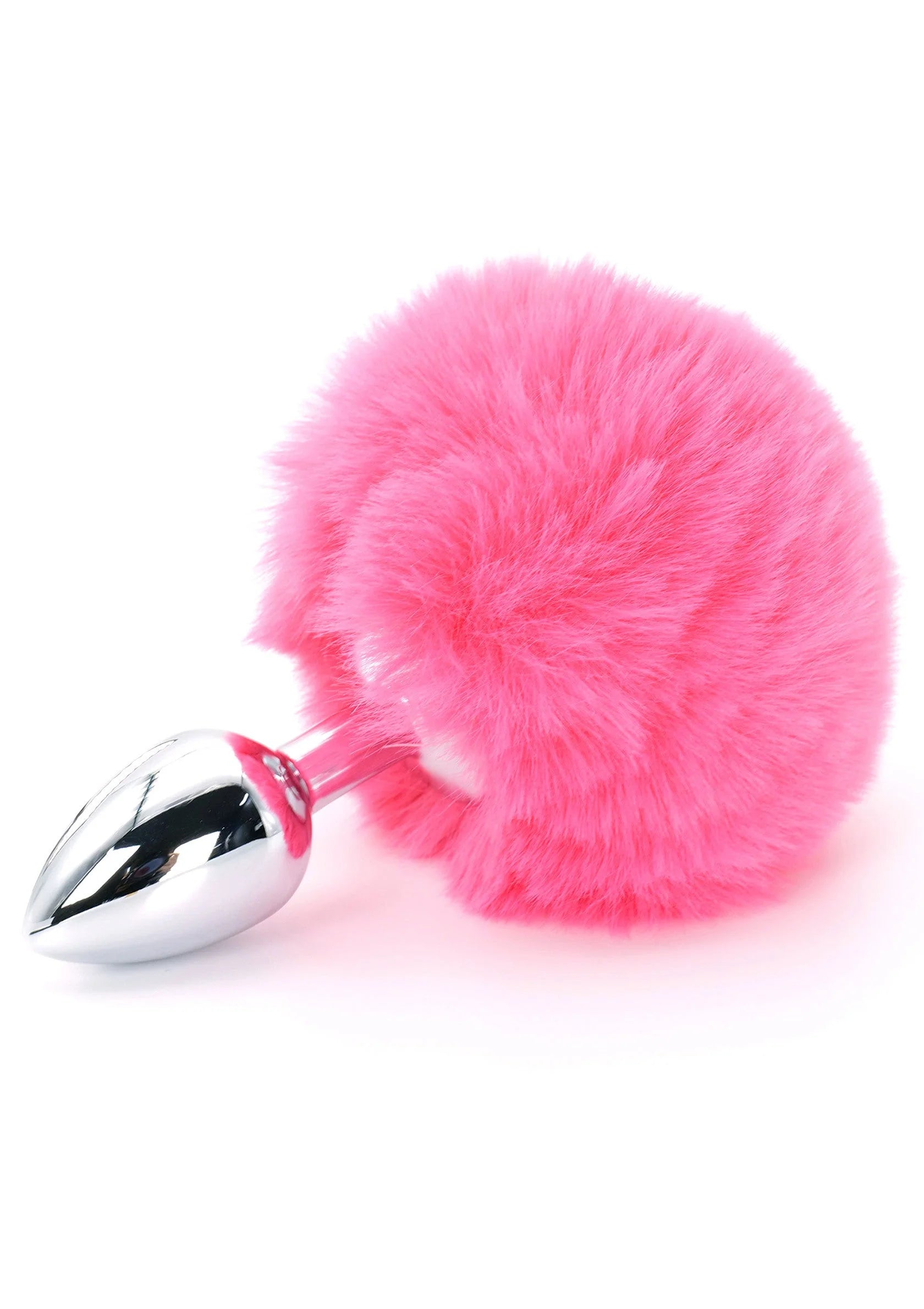 Roze pluizige buttplug met zilveren punt en harige staartbol