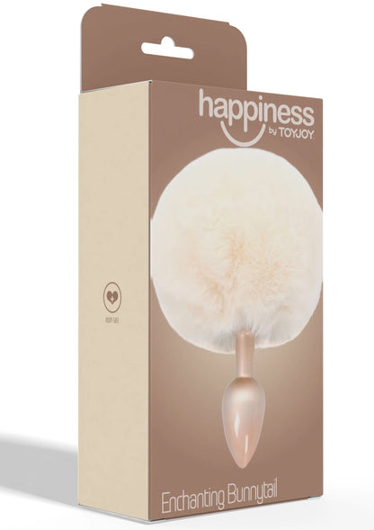 Buttplug met konijnenstaartvacht, witte/room pluizige staart en glanzend room inzetstuk.