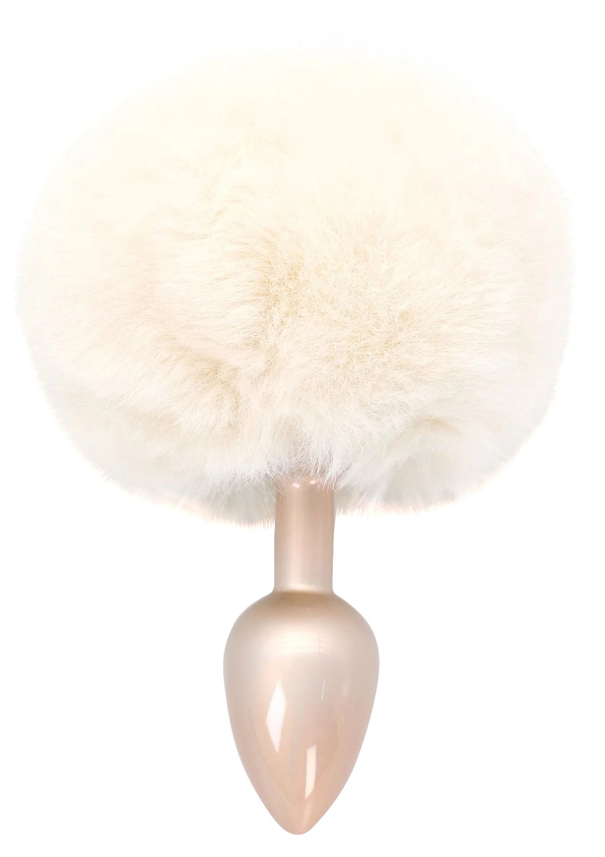 Witte bunnytail buttplug met pluizige staart en glanzende lichtroze trechterpunt