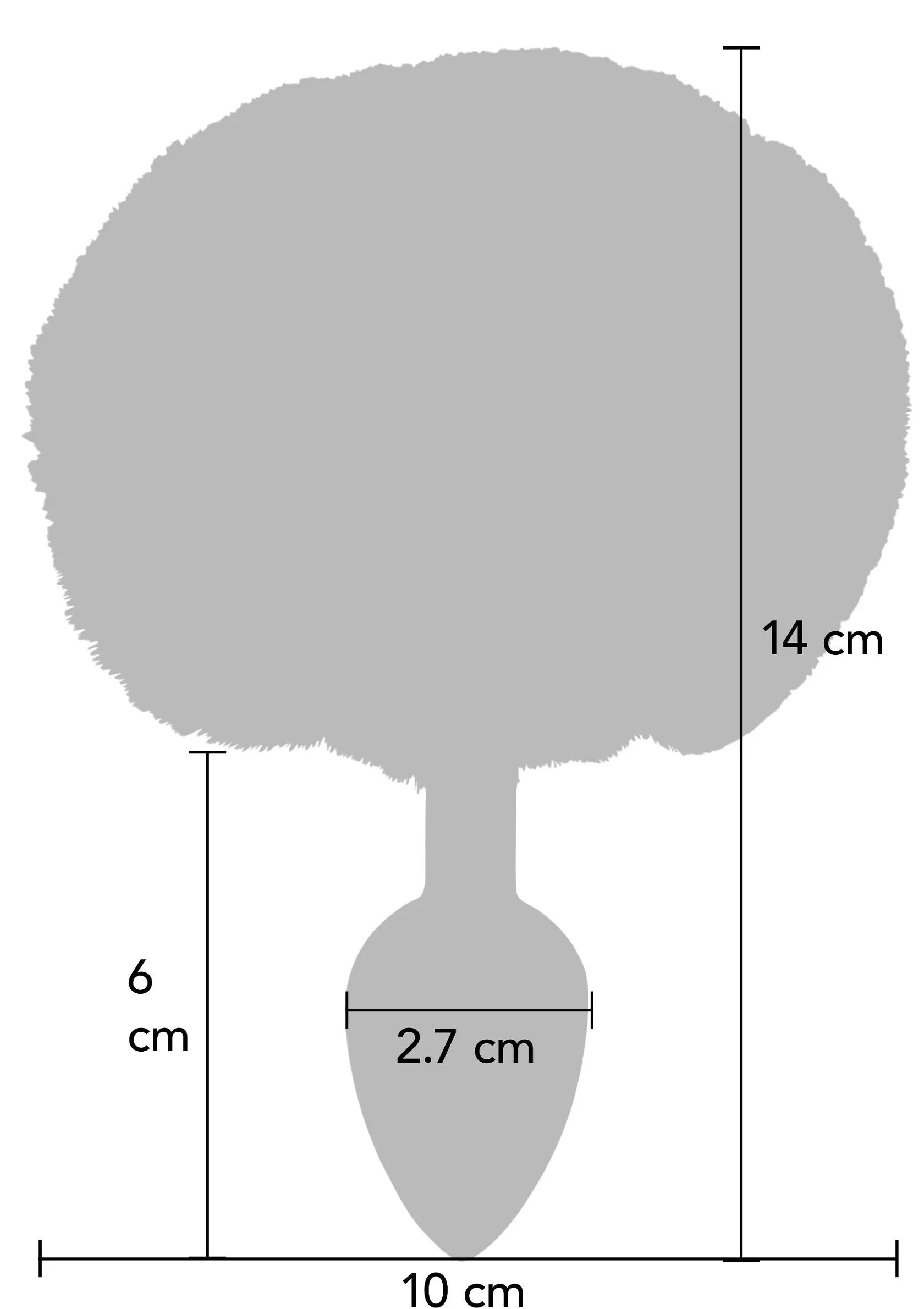 Buttplug afmetingen: 10 cm, pluimhoogte 6 cm, basisbreedte 2,7 cm