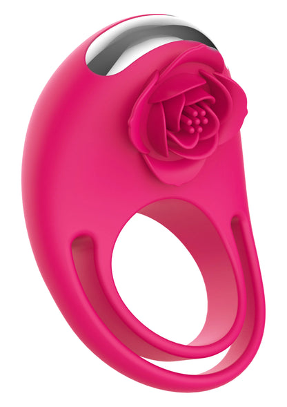 Roze C-ring vibrator van opzij, roosdetail op de kop