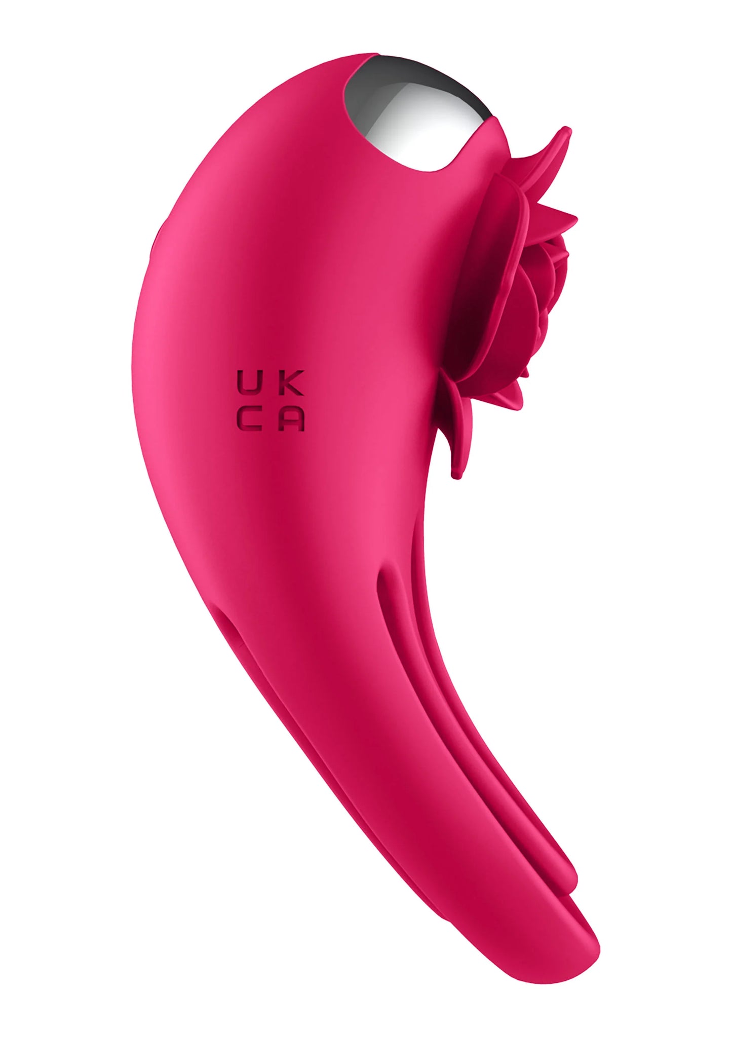 Roze C-ring vibrator zijaanzicht, zwarte letters UK CA op de behuizing