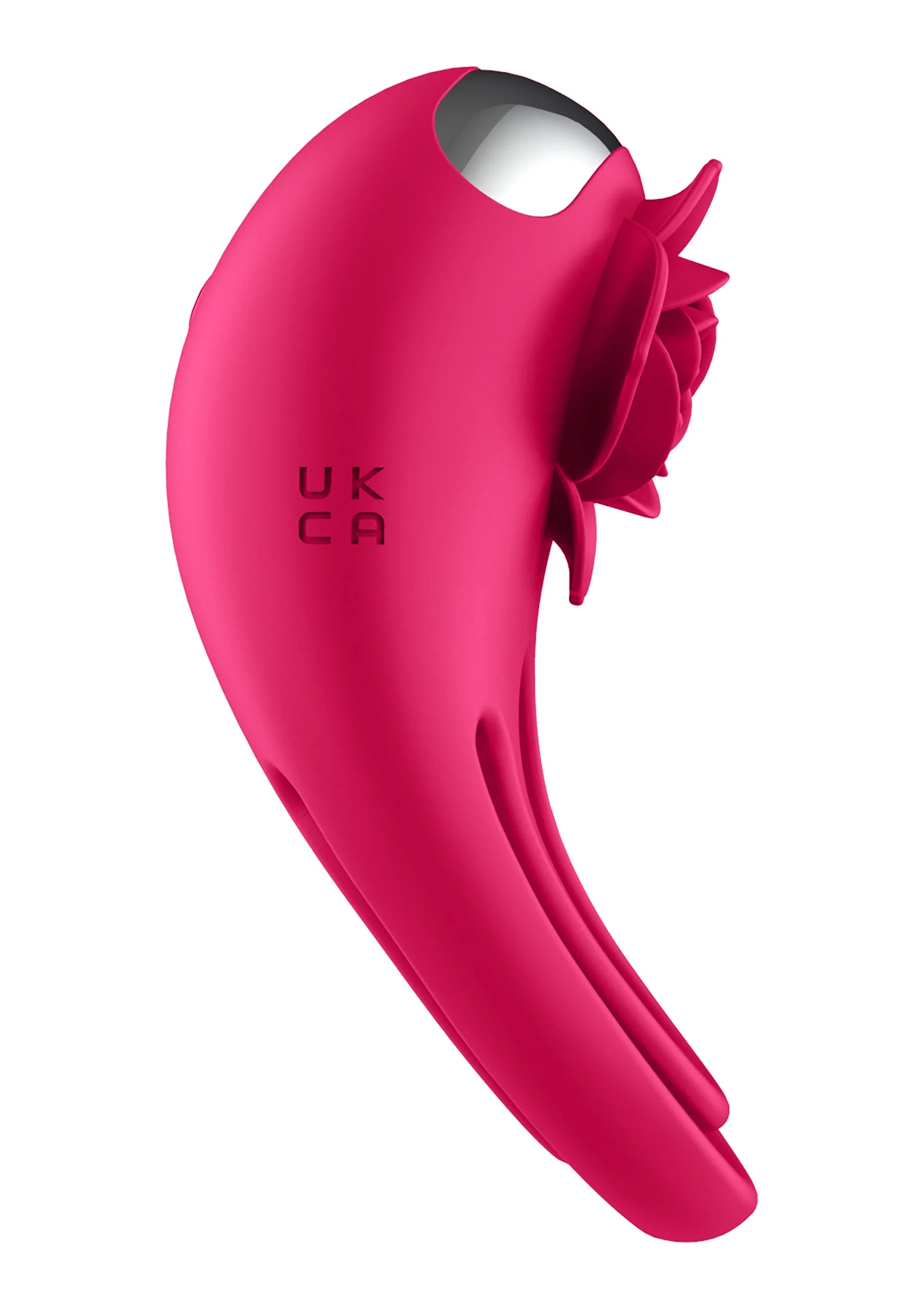 Roze C-ring vibrator zijaanzicht, zwarte letters UK CA op de behuizing
