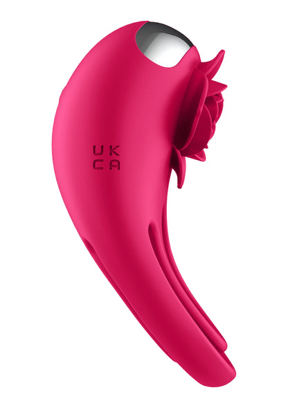 Roze C-ring vibrator zijaanzicht, zwarte letters UK CA op de behuizing