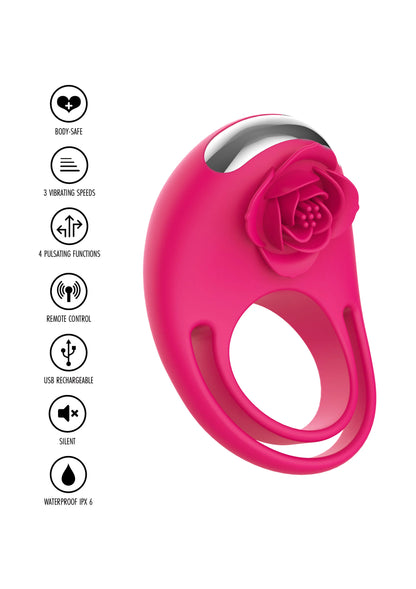 Roze C-ring vibrator met afstandsbediening, zijkant en roosdetail