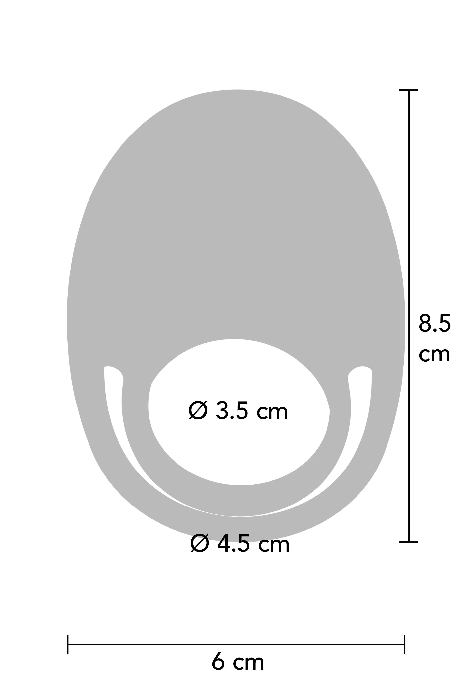Afmetingen: 8,5 cm hoog, 6 cm breed; opening Ø3,5 cm, ring Ø4,5 cm