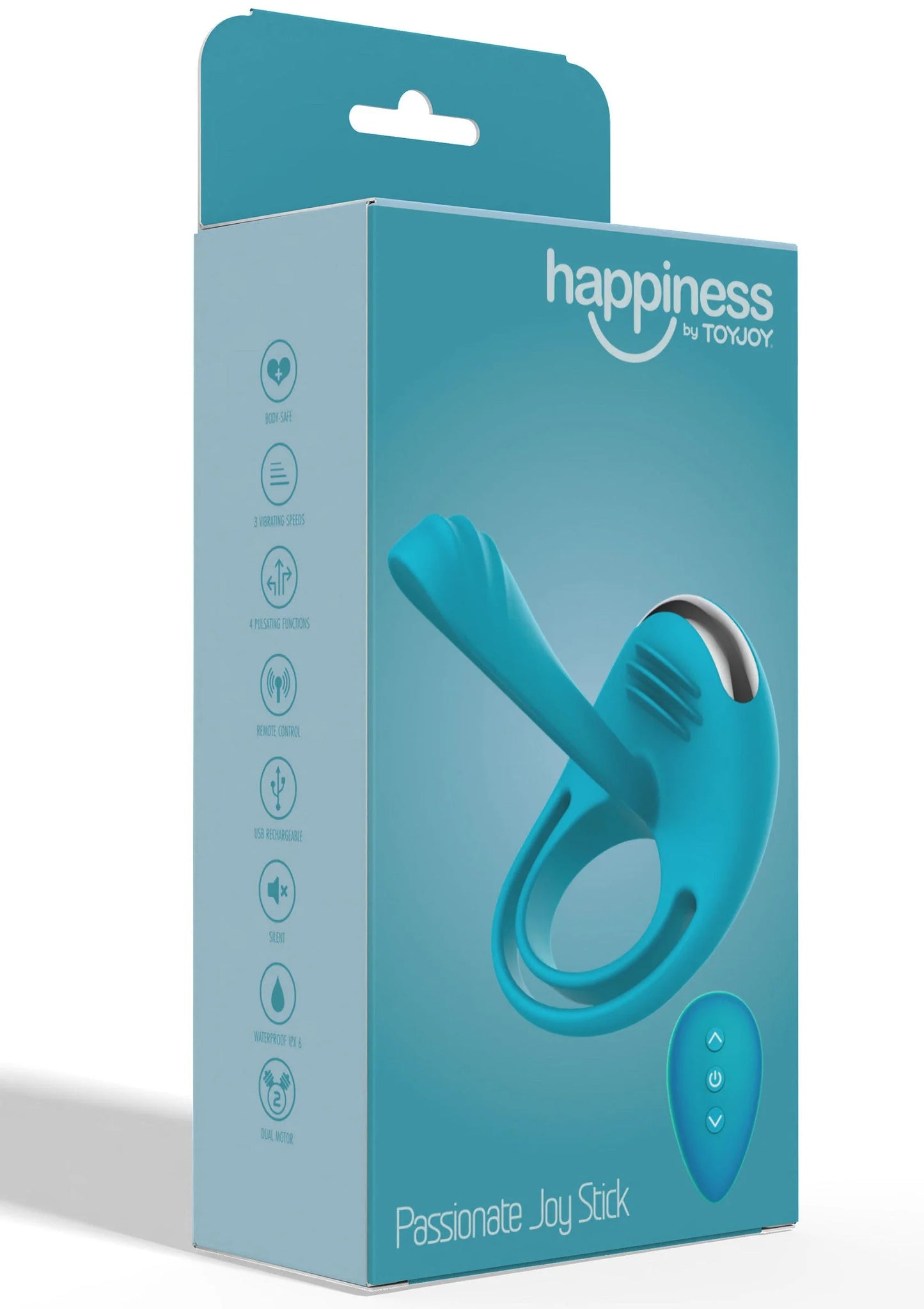 Verpakking van turkoois C-ring vibrator met afstandsbediening