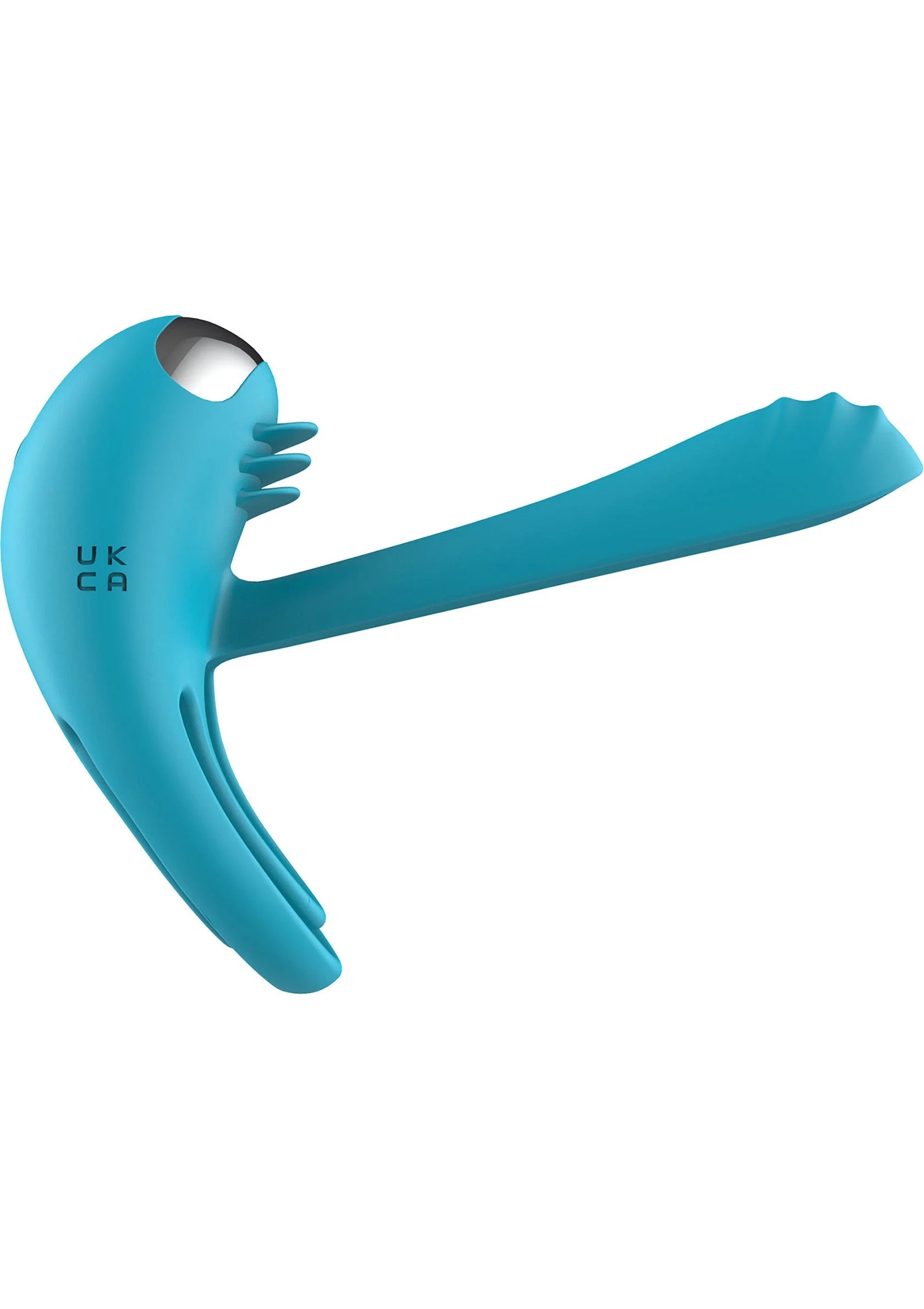 Turkoois C-ring vibrator zijaanzicht met brede kop en handgreep