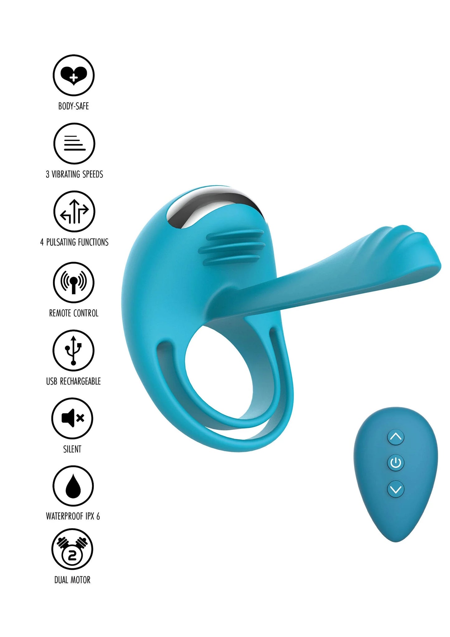 Turkoois C-ring vibrator met afstandsbediening en bedieningsknoppen