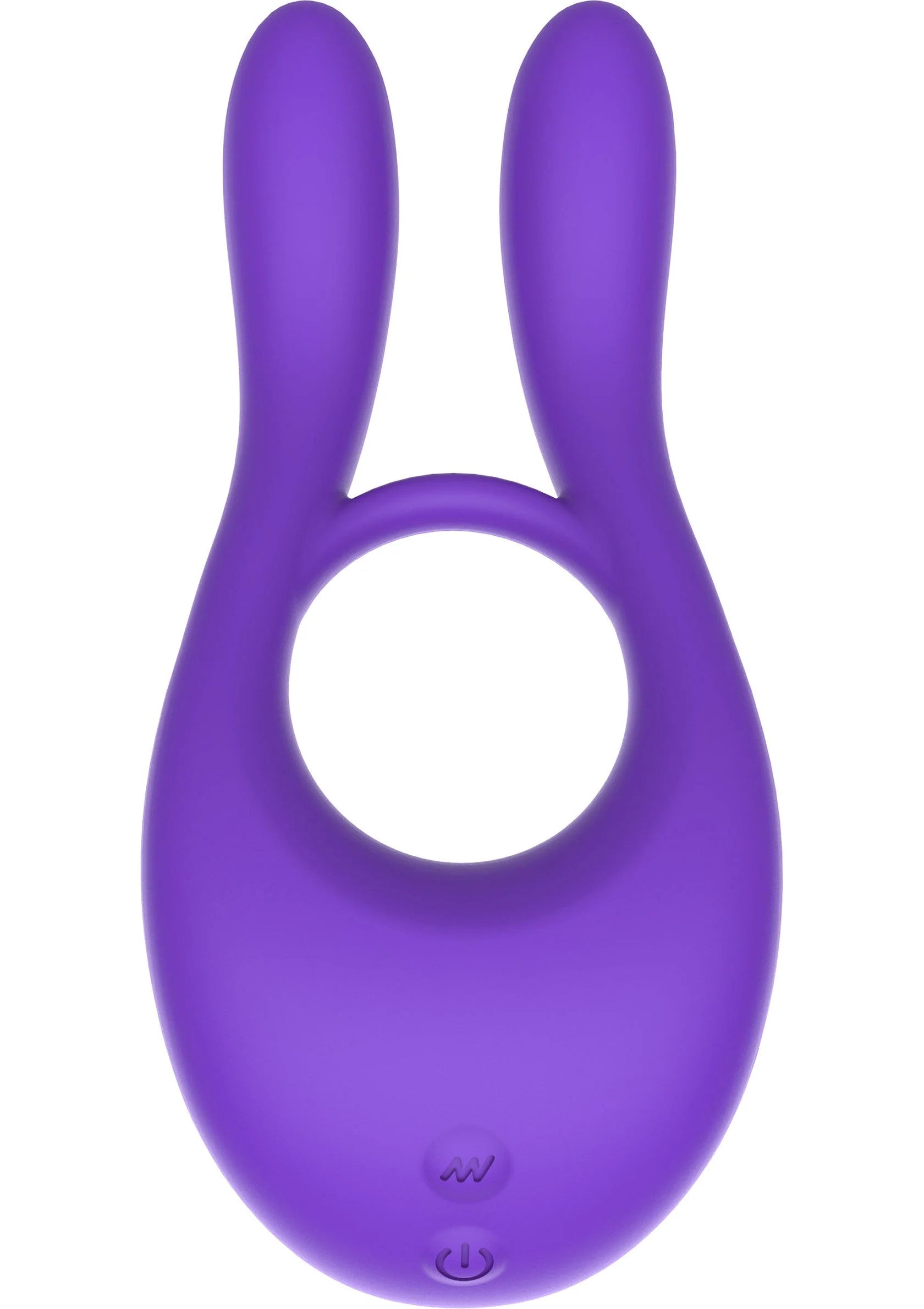 Paarse silicone cockring met ronde opening, twee gebogen pootjes en bedieningsknoppen