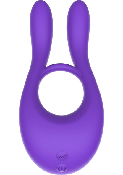 Paarse silicone cockring met ronde opening, twee gebogen pootjes en bedieningsknoppen
