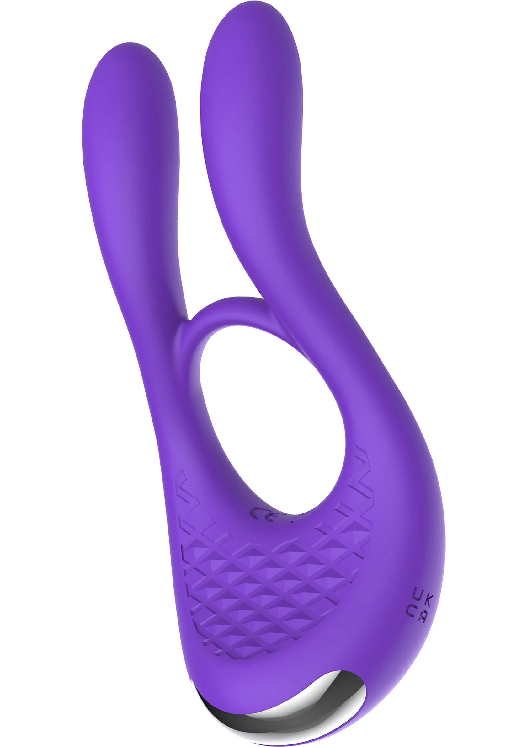 Paarse silicone cockring met open ring, reliëf op onderzijde en zilveren contactpunt
