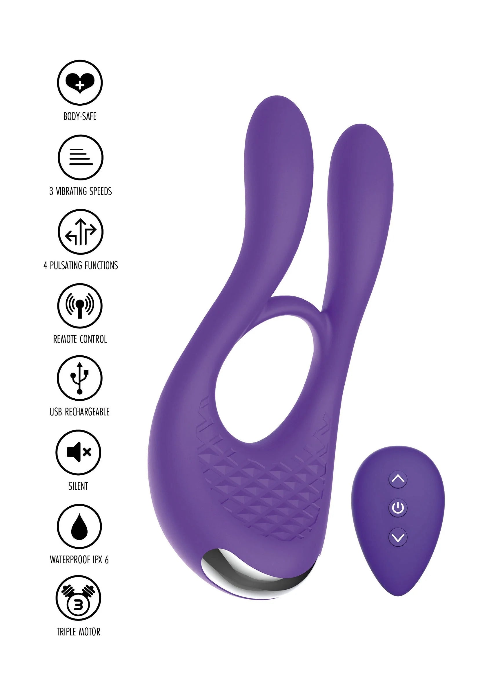 Toyjoy Joy Ride To Paradise cockring met afstandsbediening en paarse remote, met functie-iconen