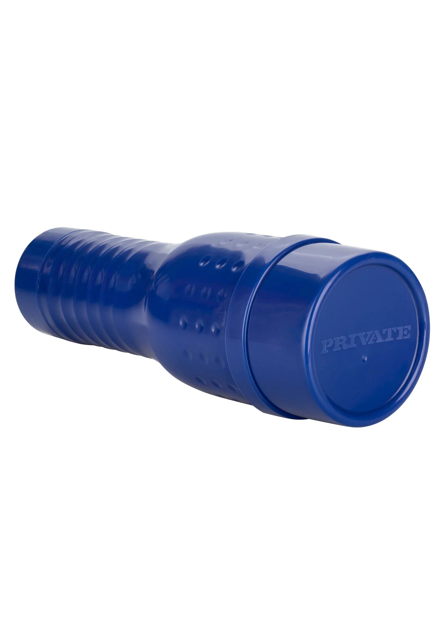 Blauwe cilindervormige masturbator met ronde kop en ribbels, Private-logo