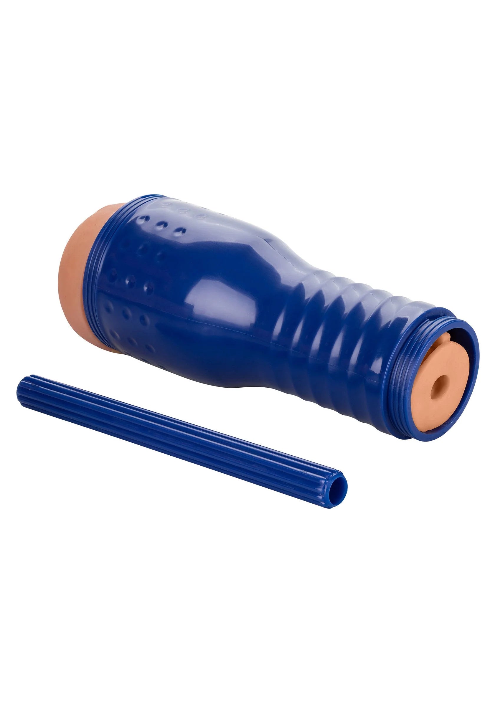 Blauwe cilinder met ribbels en open uiteinde, plus bijpassende losse buis