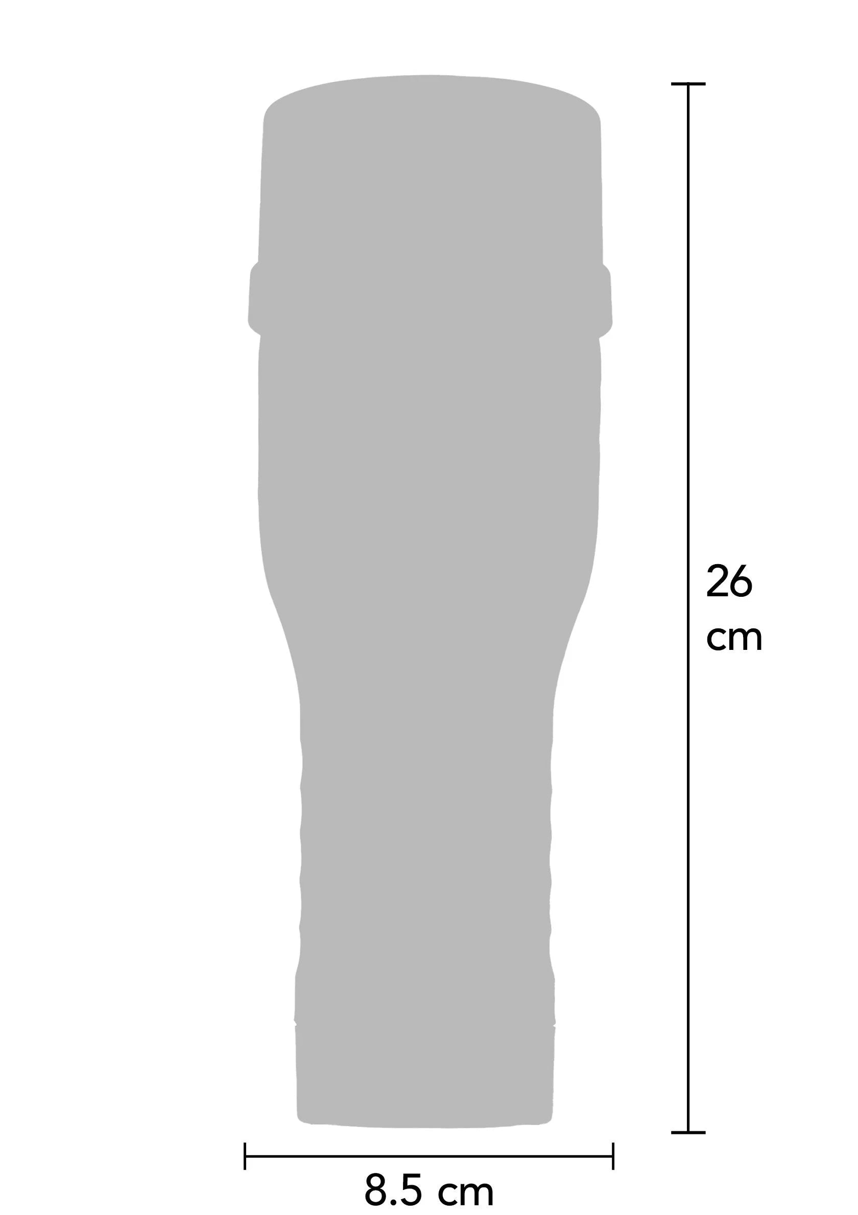 Blauwe cilinderafmetingen: 8,5 cm breed en 26 cm hoog