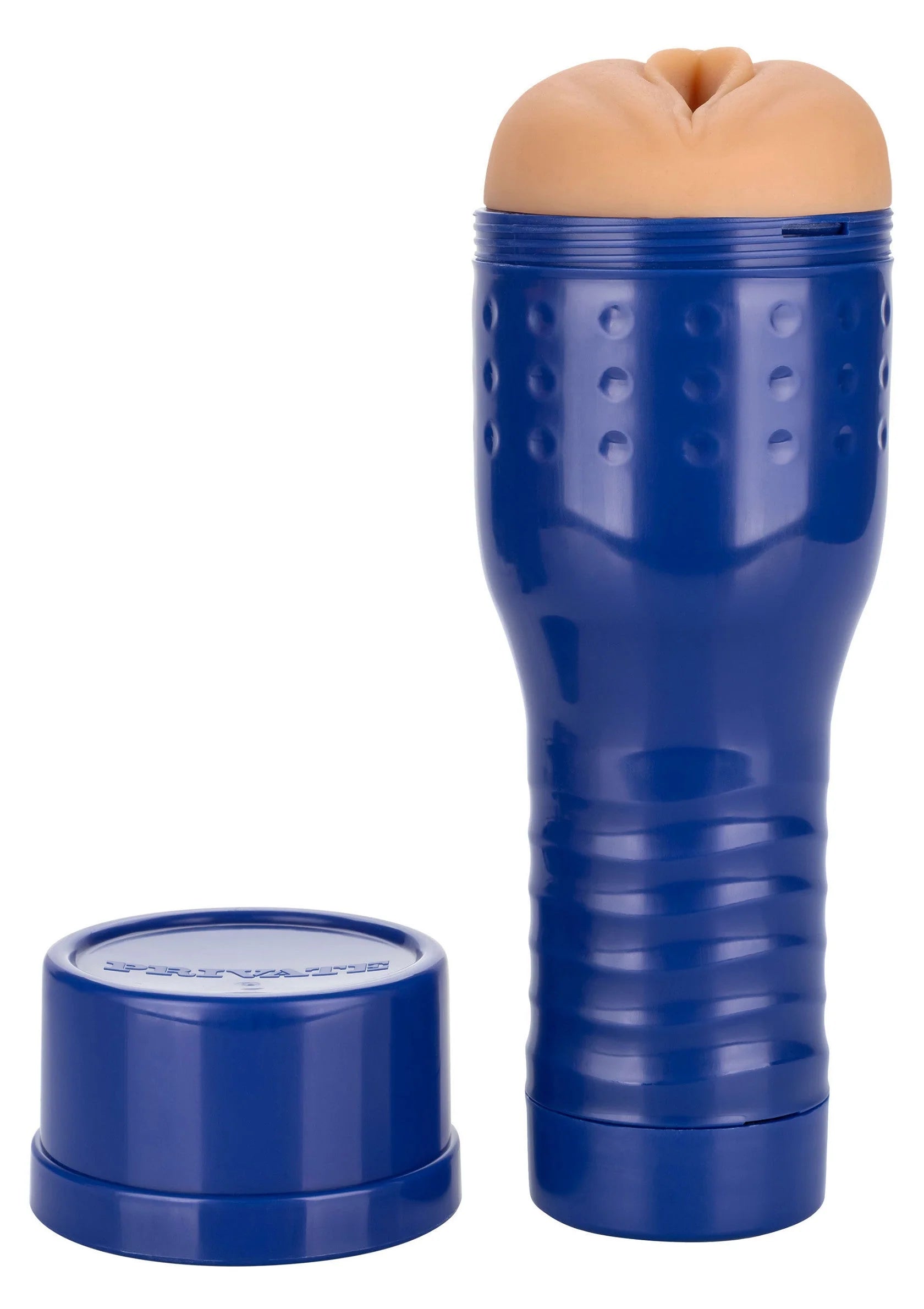 blauwe cilindervormige masturbator met ronde losse dop