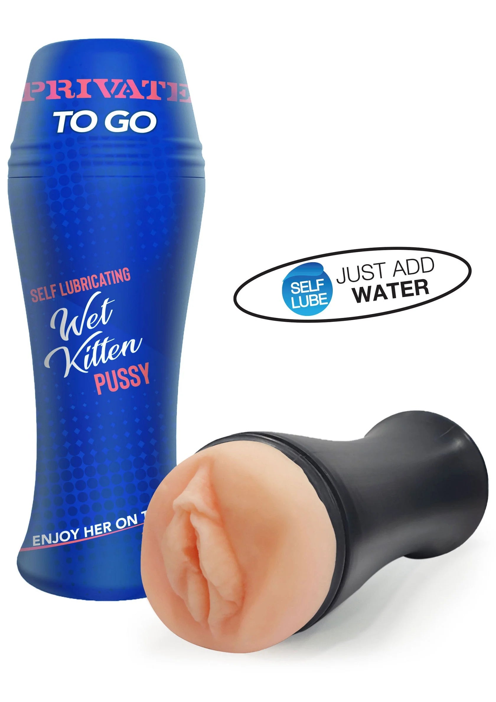 Self-lube masturbator met blauwe fles en zwarte mouw met open uiteinde