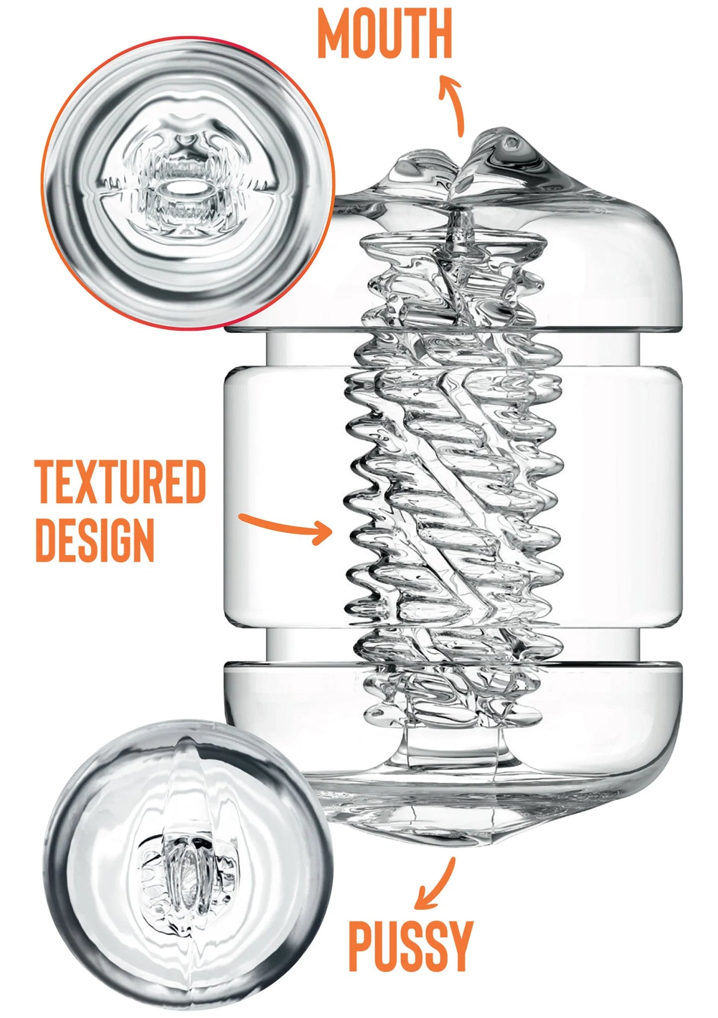 Transparante dubbele masturbator met textuurdesign en ronde interne opening