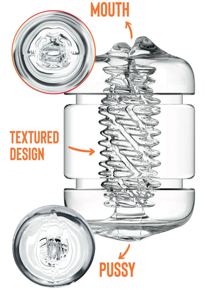 Transparante dubbele masturbator met textuurdesign en ronde interne opening