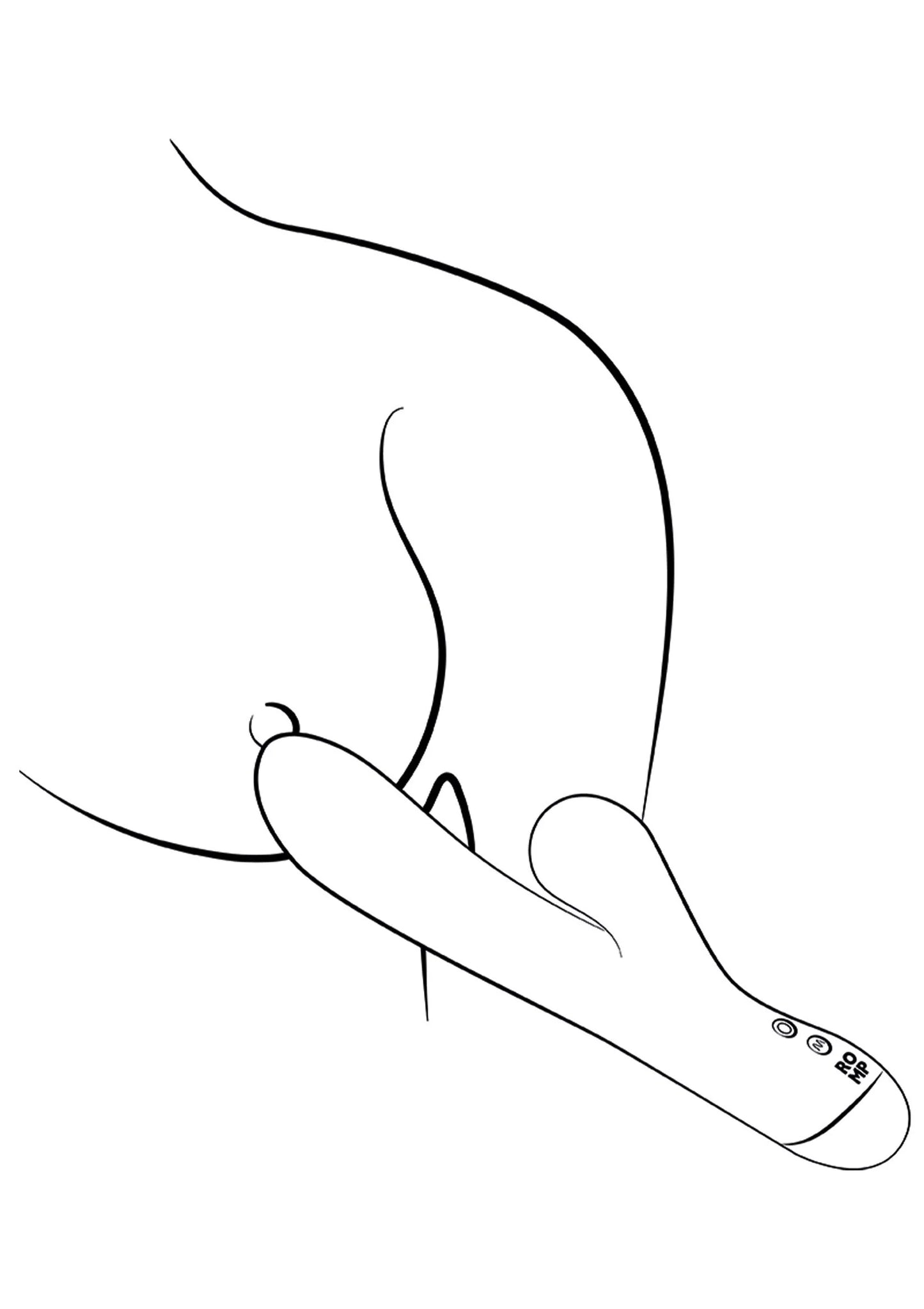 Blauwe vibrator met konijnvormige kop en knoppen, getekend zijaanzicht.