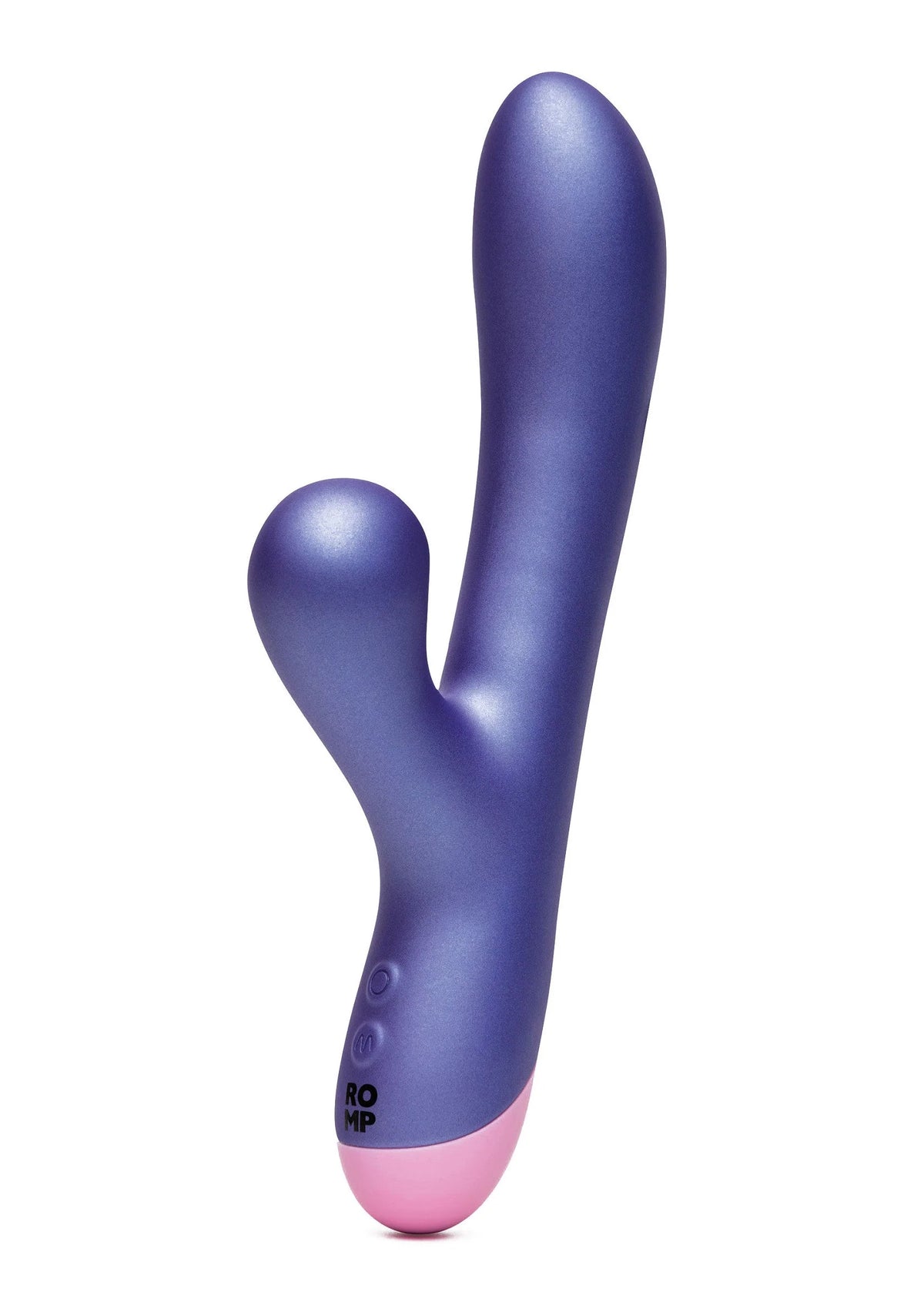 Blauwe konijnenvibrator met roze onderkant en kleine knoppen op de zijkant.