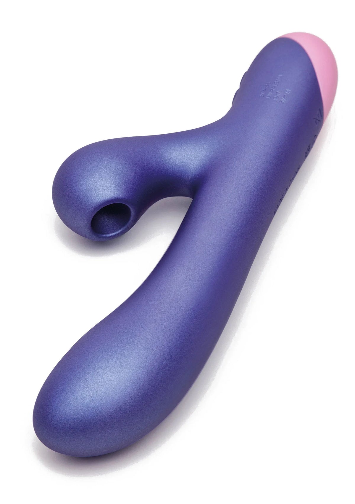 Blauwe konijnenvibrator met afgeronde kop en roze inzet aan de onderkant.