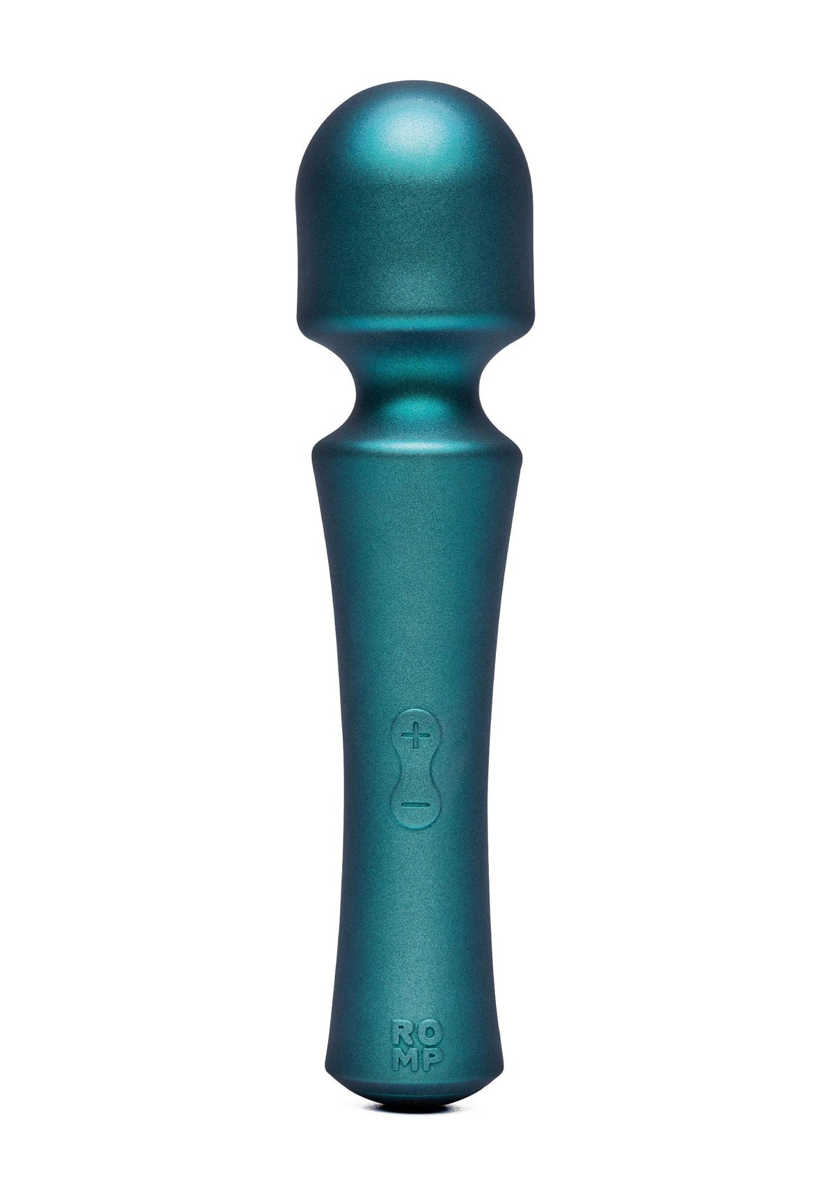 Massage-wand van Romp, blauwgroene metallic, close-up van ronde kop en handgreep