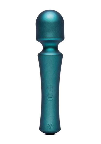 Massage-wand van Romp, blauwgroene metallic, close-up van ronde kop en handgreep