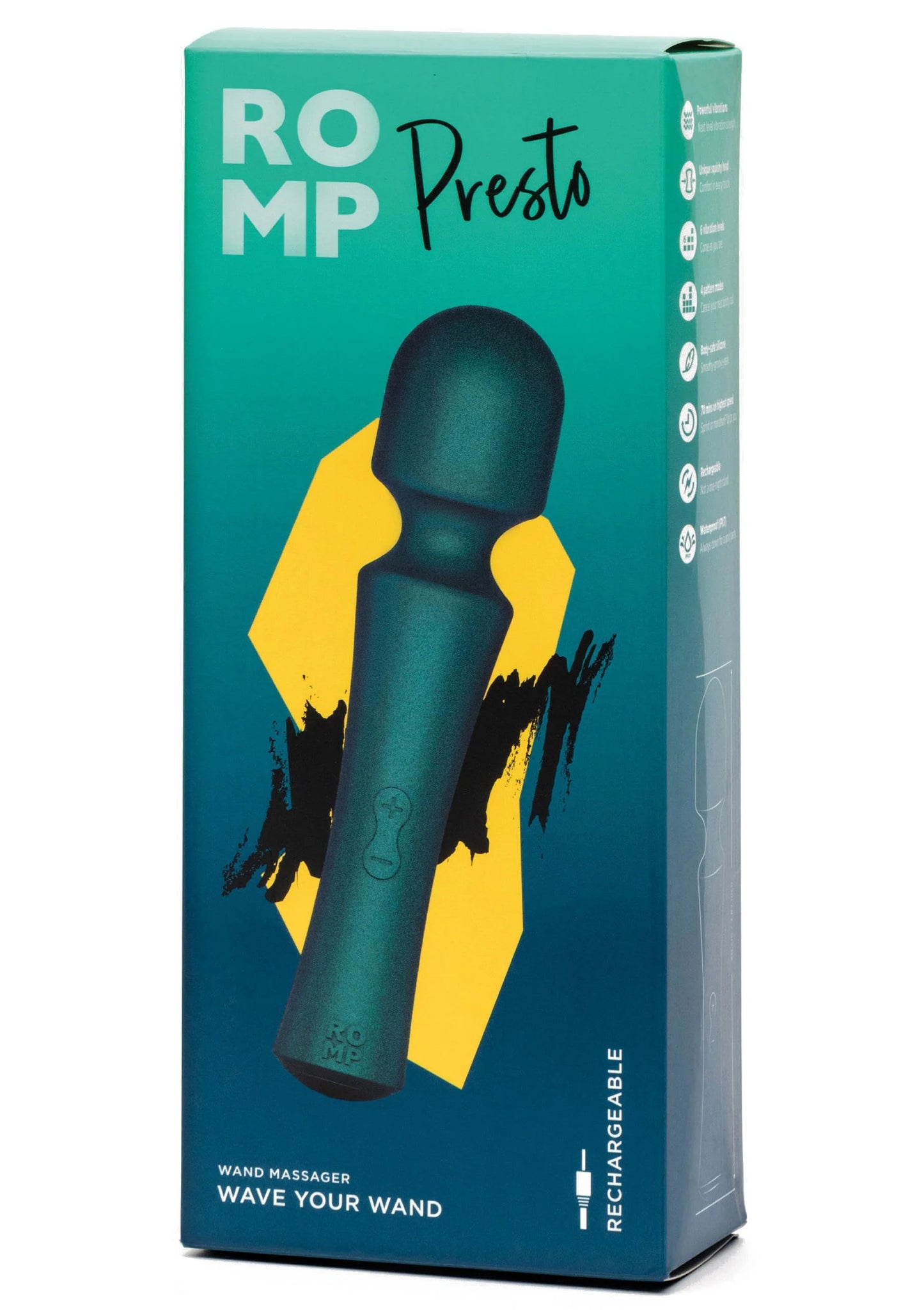 Doos van Romp Presto massage-wand, blauwgroene verpakking met gele accentvormen