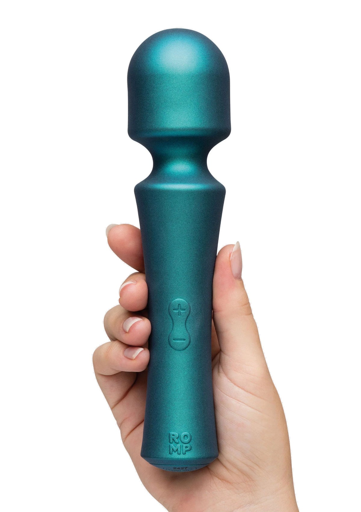 Massage-wand van Romp vastgehouden in hand, blauwgroene metallic met knoppen op greep
