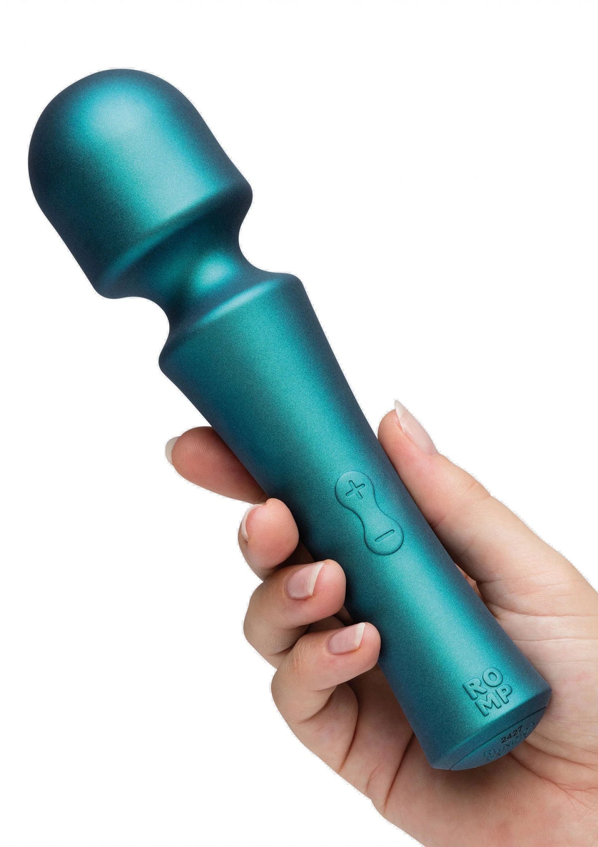 Massage-wand van Romp in hand, blauwgroene metallic met knoppen op voorzijde