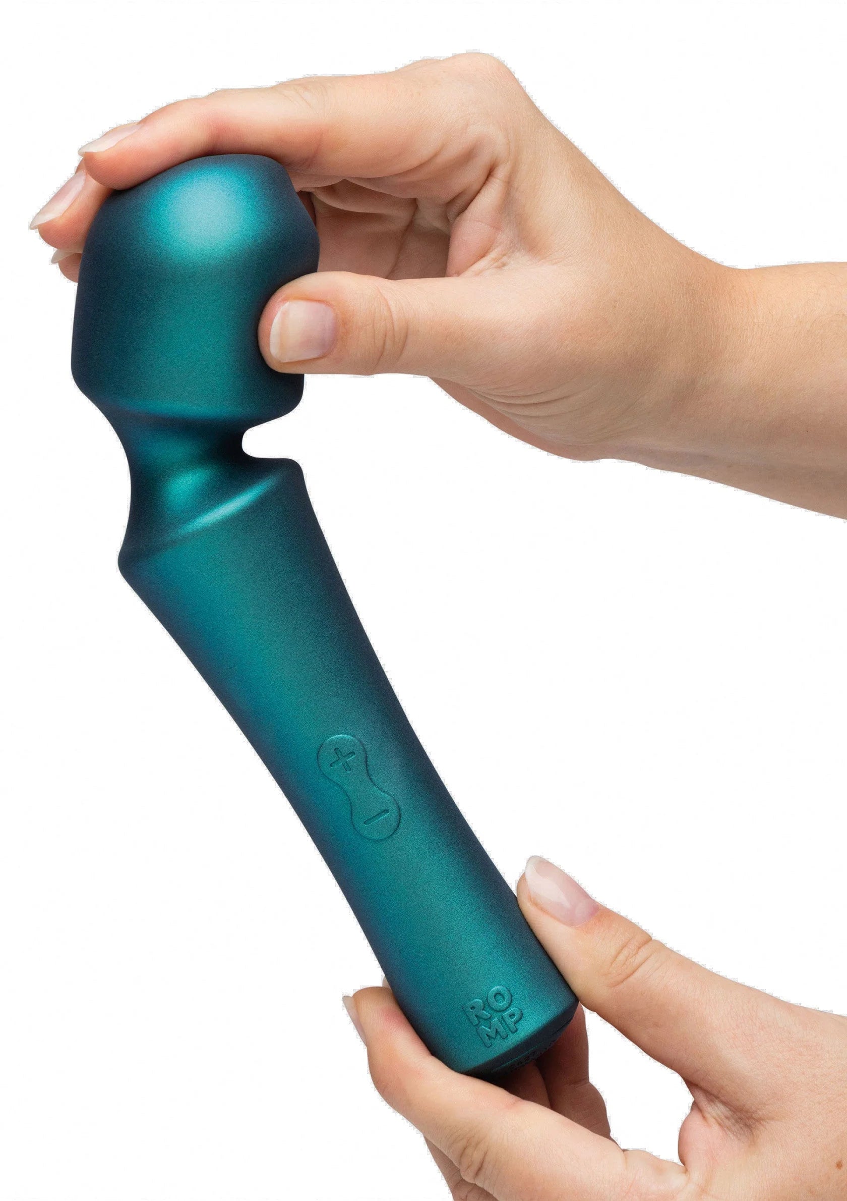 Massage-wand van Romp vastgehouden, blauwgroene metallic met ronde kop en bedienknoppen