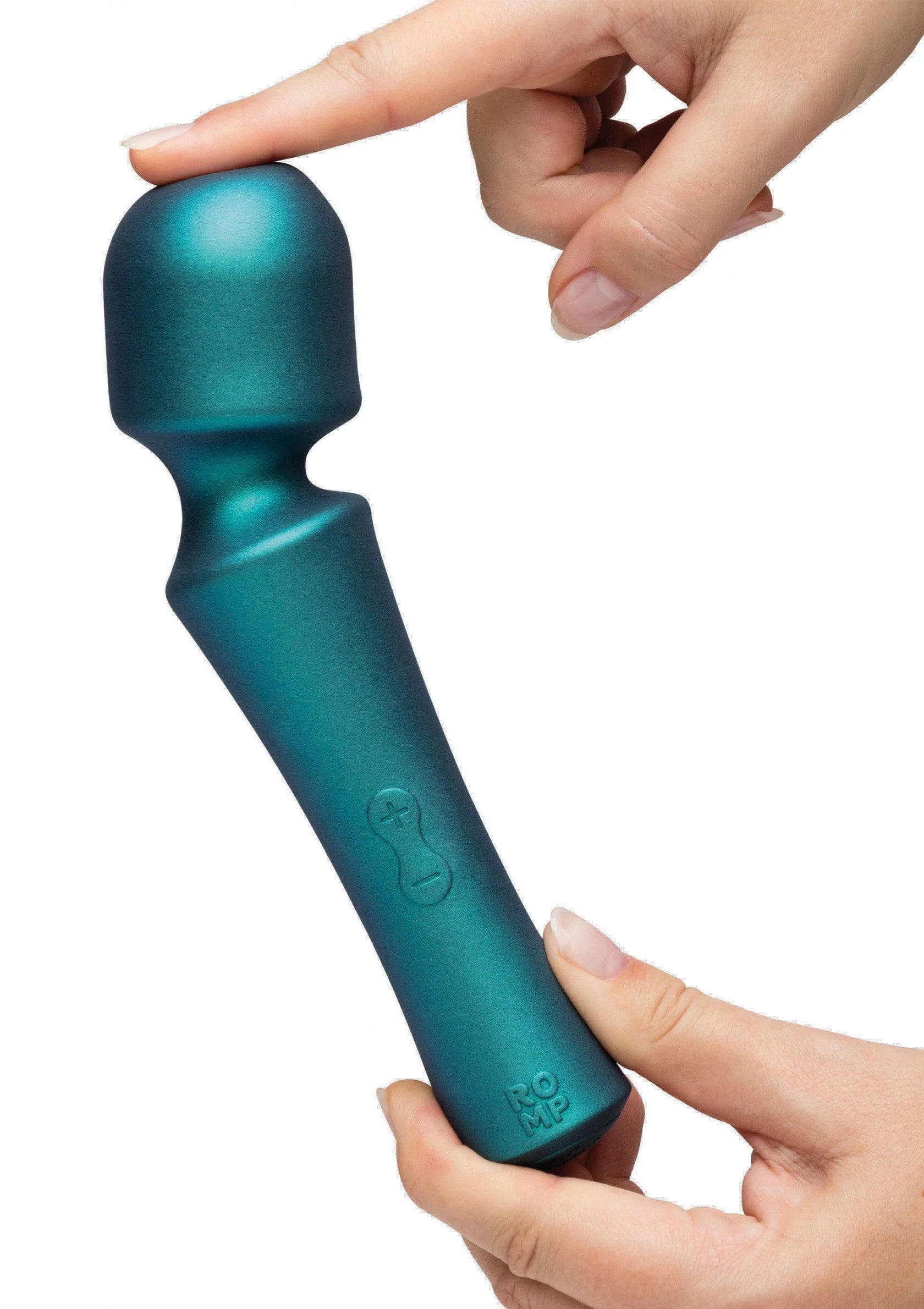 Massage-wand van Romp met handen in close-up, blauwgroene metallic met ronde kop