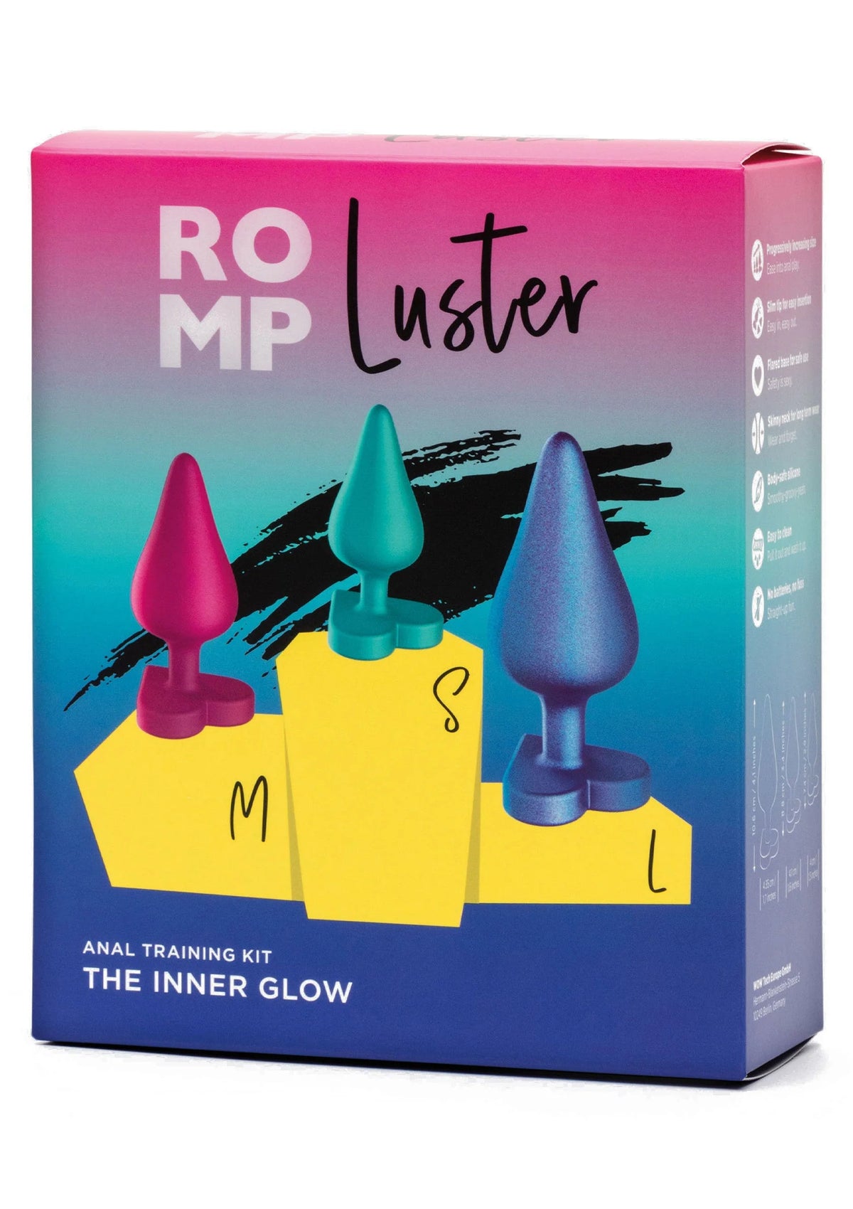 Verpakte anale trainingsset Luster van Romp met vier kleurige conische plugs.