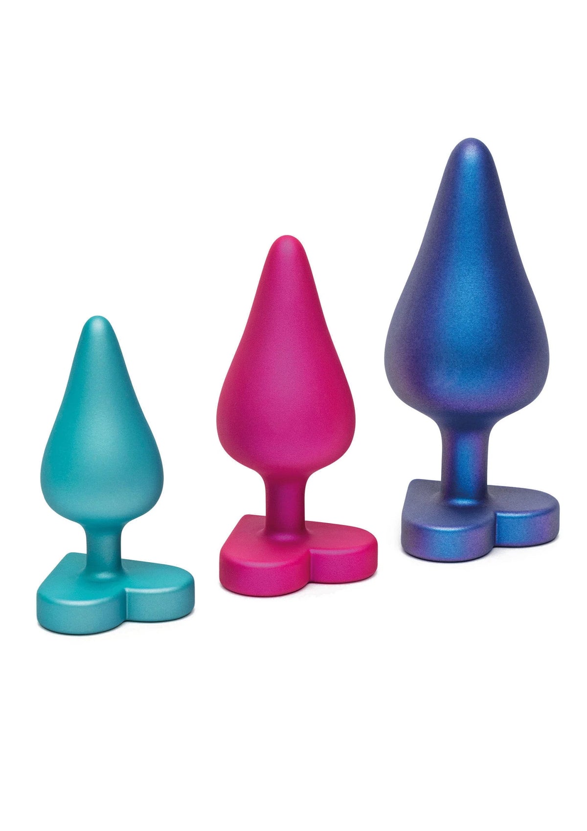 Anale trainingsset met 3 conische plugs in teal, roze en blauw.