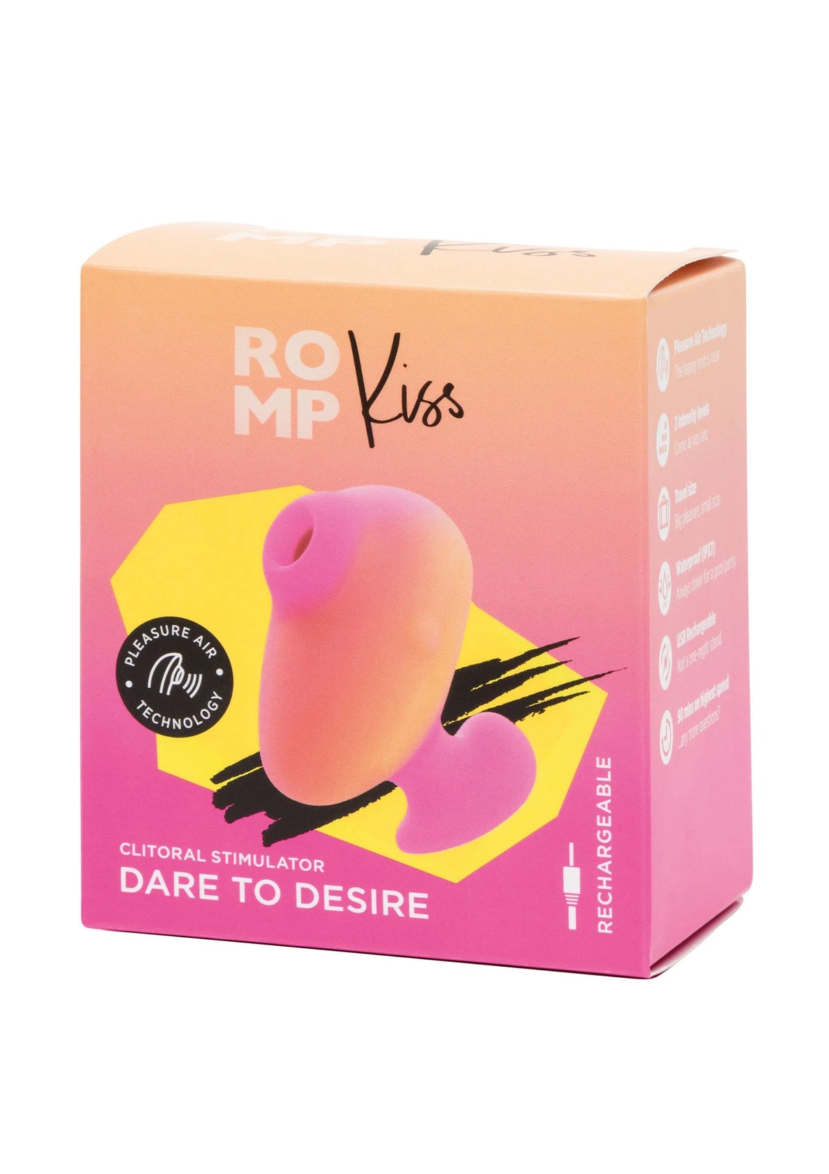 Doos van Romp Kiss vibrator met roze-paarse opdruk en tekst 'DARE TO DESIRE'