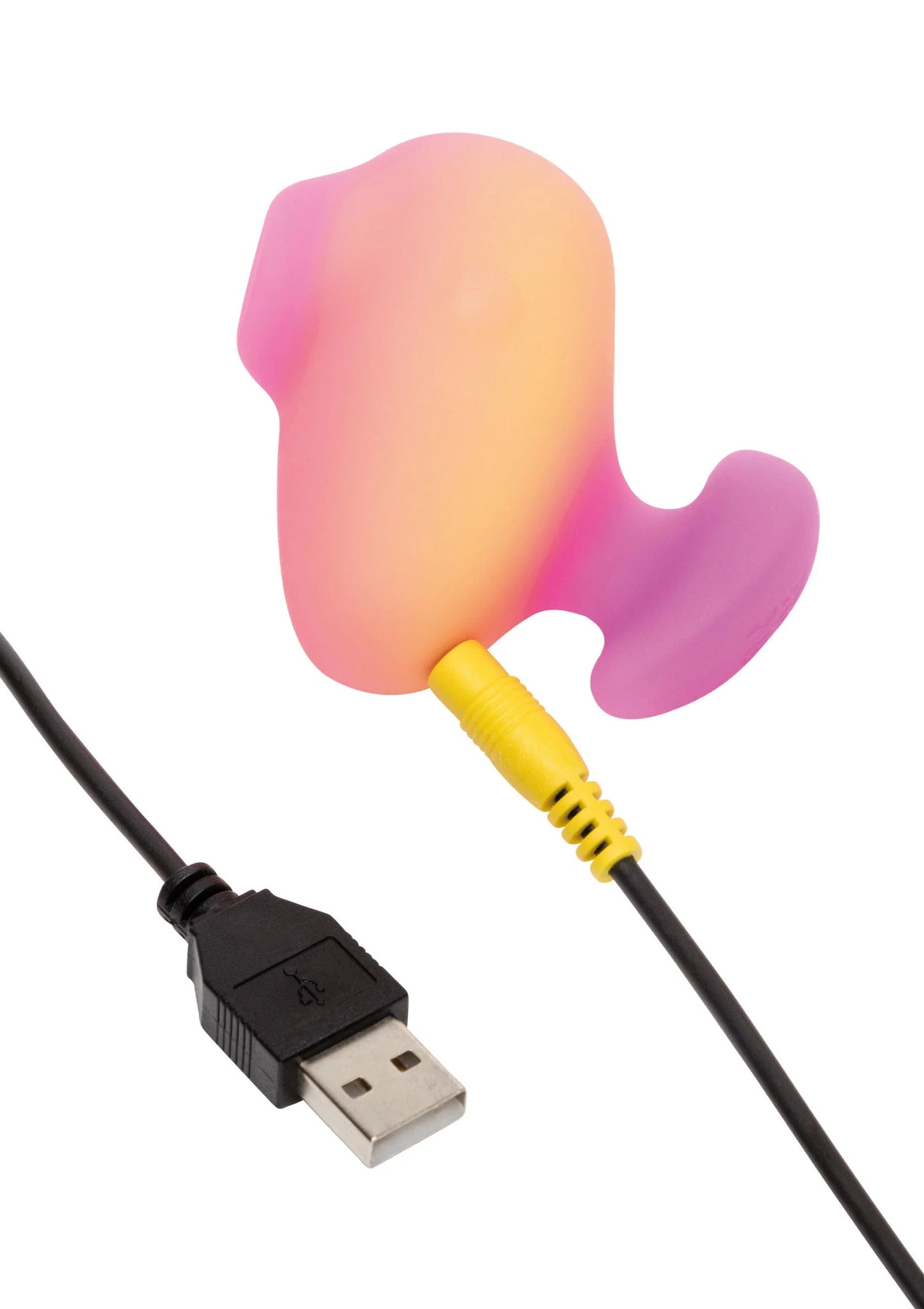 Roze vibrator met paars hulpstuk en zwarte USB-kabel met gele connector