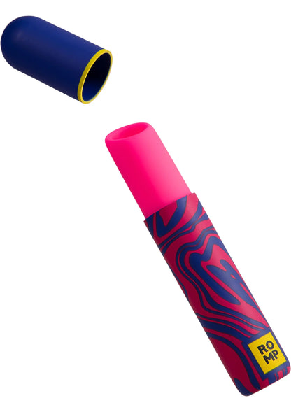 Airpressure-lippenstift met donkerblauwe dop en roze huls met geel randje