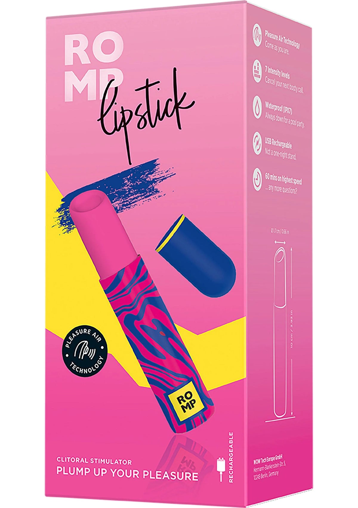 Verpakte Airpressure-lipstick van Romp in roze doos, met blauwe lippenbalsemhouder