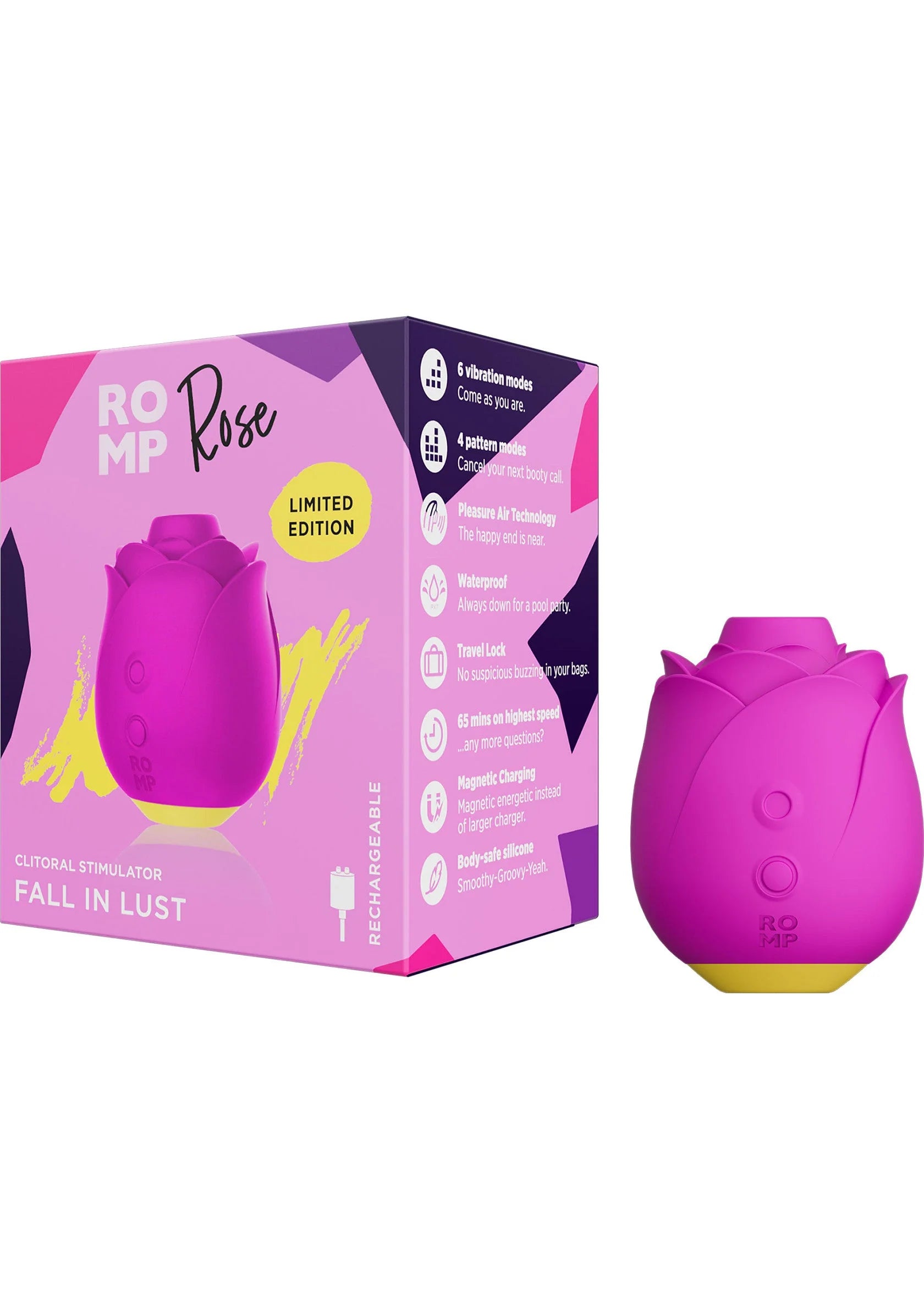 Roze roos-speeltje naast productverpakking