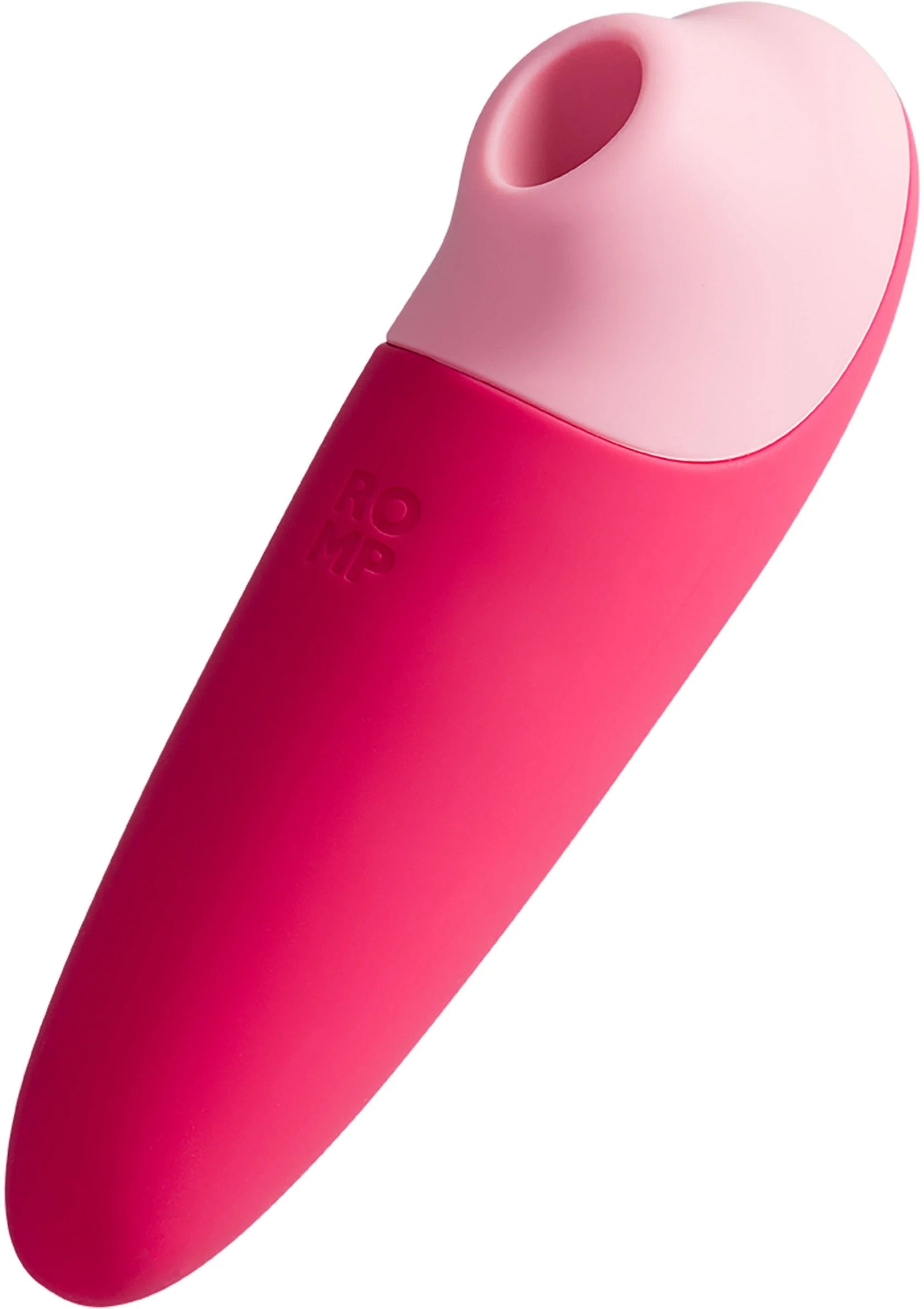Roze vibrator met afgeronde top en staafvormige body; gladde textuur, één apparaat.