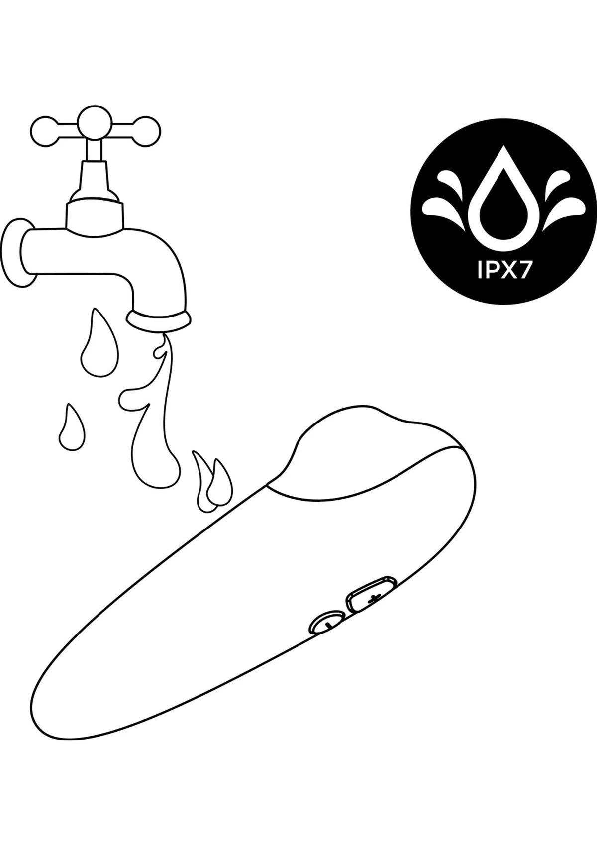 Schematische vibrator met waterdruppels en kraan; IPX7-logo zichtbaar.
