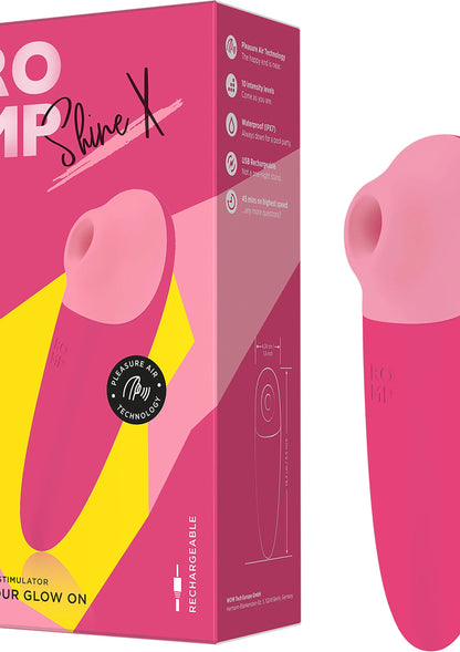 Verpakking en roze vibrator; doos met logo en afbeelding van het apparaat.