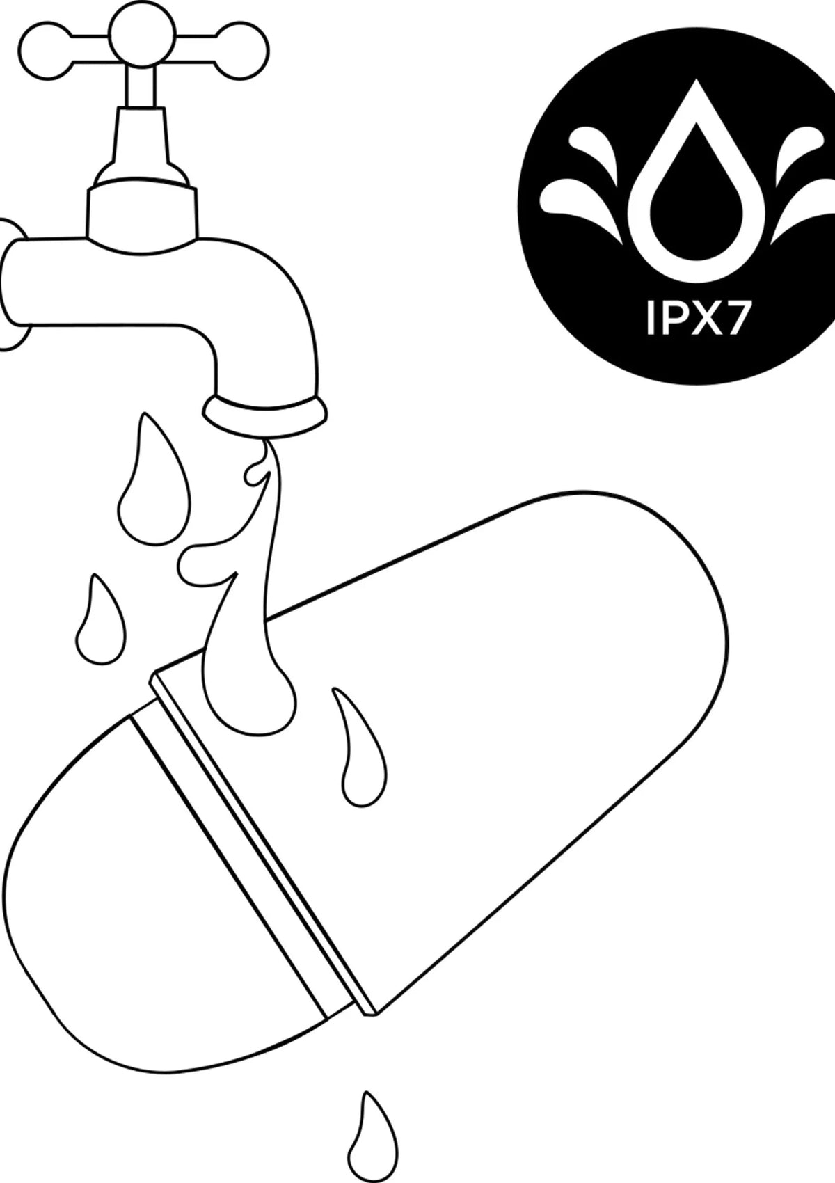 Lucht-druk vibrator met IPX7-waterdichtheidsicoon en waterdruppelillustratie
